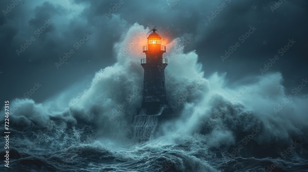  a lighthouse in the middle of the ocean with a light on top of it in the middle of a storm.