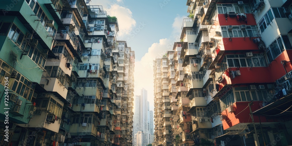 Obraz premium A narrow street lined with tall buildings in a bustling city. Ideal for cityscape backgrounds or urban architecture concepts