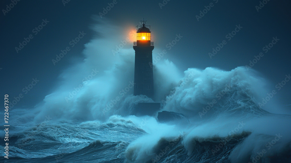  a lighthouse in the middle of a large wave with a light on top of it in the middle of the ocean.