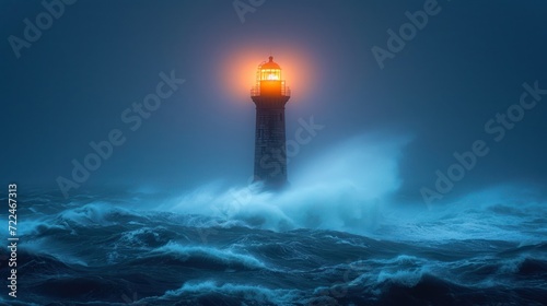  a lighthouse in the middle of a large body of water with a light on top of it in the middle of the ocean.