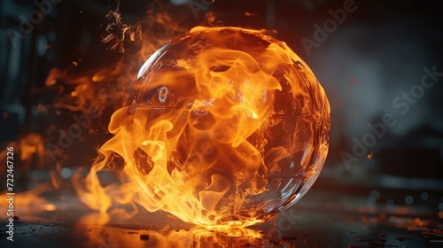 A glass ball on fire sits on a table. This image can be used to represent danger  destruction  or intensity