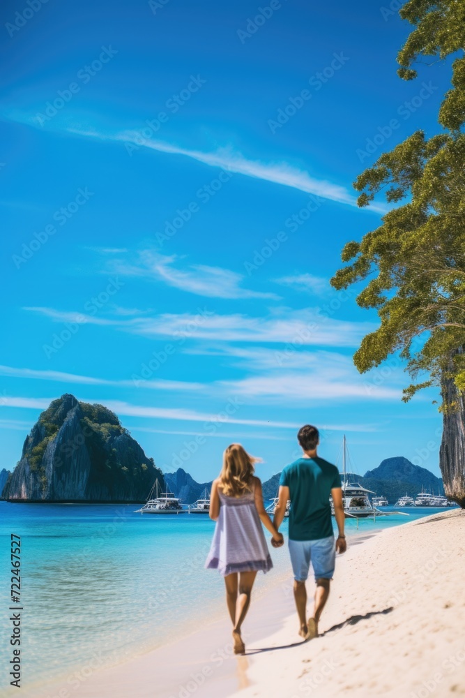 A picture of a man and a woman walking together on a beautiful beach. This image can be used to depict a romantic couple enjoying a peaceful stroll by the ocean