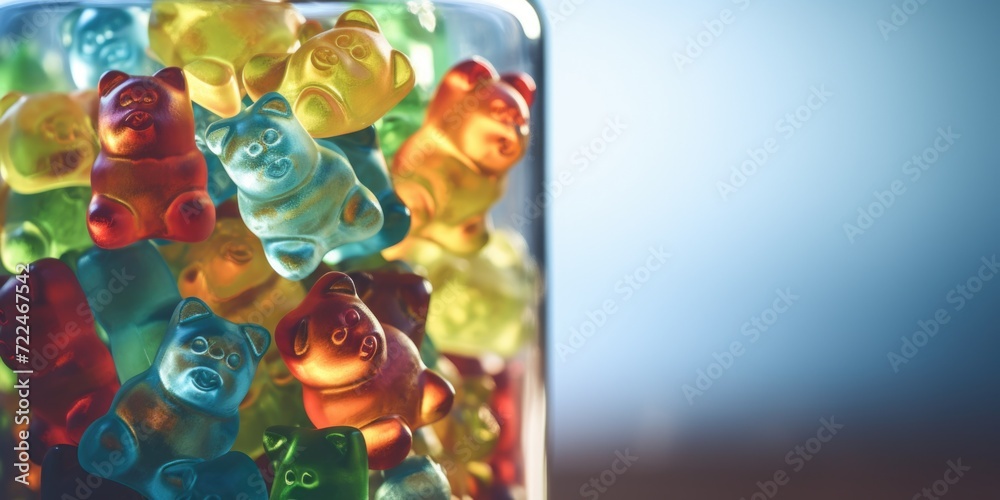 A jar filled with colorful gummy bears sitting on top of a table. Perfect for sweet treat concepts or candy-themed designs