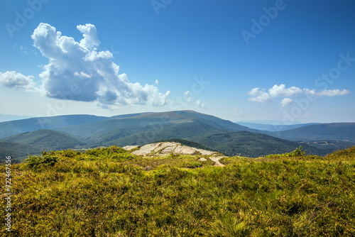Beautiful view of the Ukrainian Carpathians to the mountains and valleys. Rocky peaks and wood of the Carpathians in late summer. Yellow and green grass, and wildflowers on the mountain slopes. photo