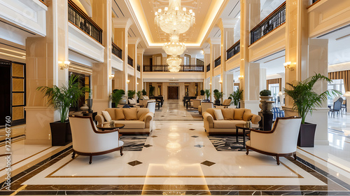 Step into luxury at this exquisite hotel lobby with its elegant furnishings and stunning grand entrance. photo