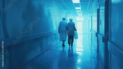 An elderly couple with crutches and sticks moves slowly. Rear view, fading health and youth.