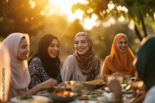Group of Happy Muslim Women Enjoying a Meal Together, Friendship Concept photo