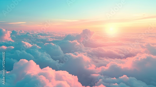 Large white and blue clouds against a soft sky background, top view of a white cloudy sky through the rays of the sun.