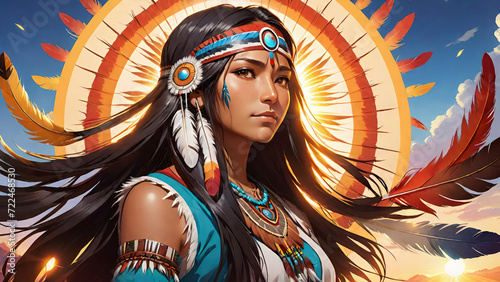 Native american indian young woman with colorful feathers.Generative AI photo