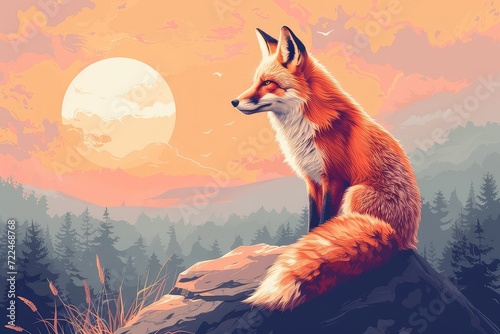 Majestic fox overlooking a surreal mountain landscape under the golden sun, artistic illustration