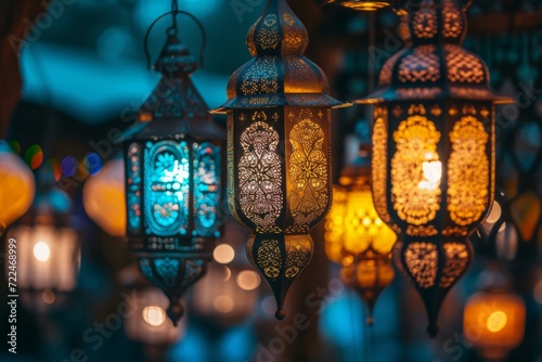 Traditional Lanterns Glowing at Night, Cultural Decor Concept