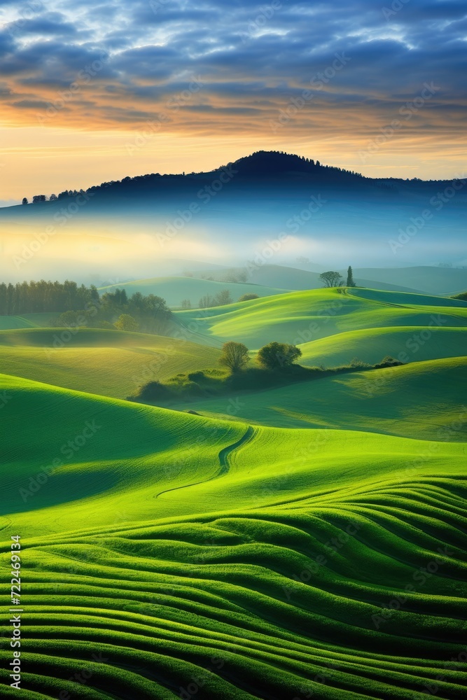 Naklejka premium Green rolling hills and fields at sunrise. Generative AI.