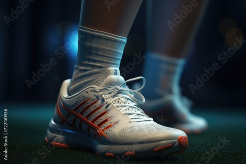 A close-up view of a tennis shoe on a tennis court. Perfect for sports and fitness-related designs
