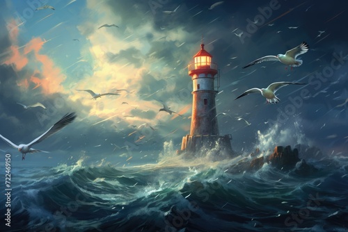 A painting depicting a lighthouse with seagulls flying around it. This image can be used to represent coastal landscapes or as a symbol of guidance and safety