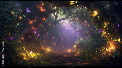 Immerse yourself in the enchantment of a mystical forest filled with vibrant, glowing plants and otherworldly creatures. Be captivated by the magical beauty of this stunning stock image.