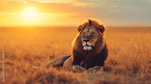 A captivating cinematic shot of a majestic lion peacefully resting in the mesmerizing African savannah, illuminated by the golden hues of a breathtaking sunset. photo