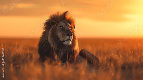 A captivating cinematic shot of a majestic lion peacefully resting in the mesmerizing African savannah, illuminated by the golden hues of a breathtaking sunset.