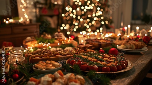  a table with a lot of food on it and a christmas tree in the background with lights in the background.