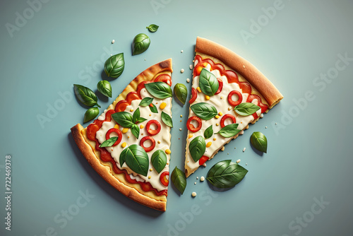 Beautiful slice of pizza with basil. 3D graphics