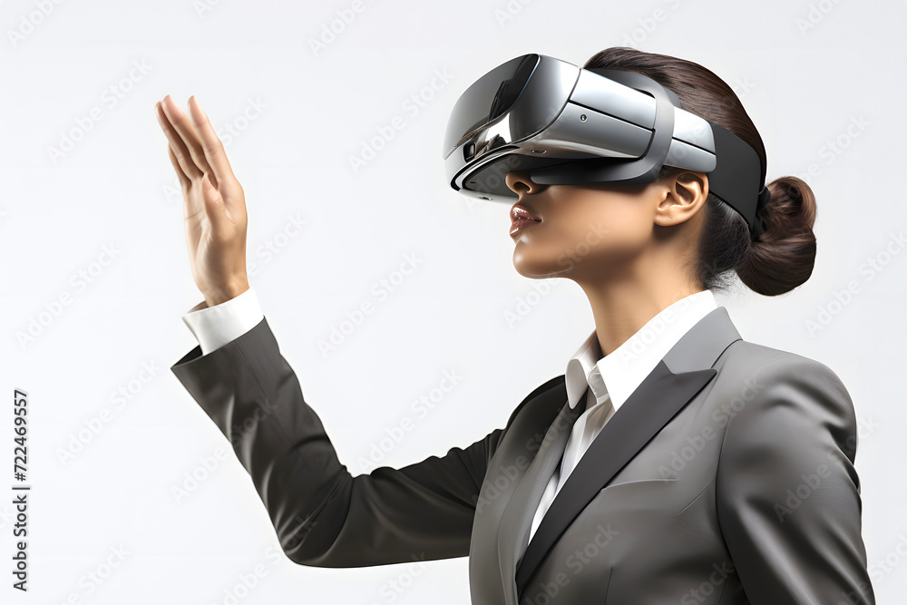 business woman in virtual simulator glasses. technological gadget for reviewing digital information and computer games business woman in virtual simulator glasses. technological gadget for reviewing digital information and computer games