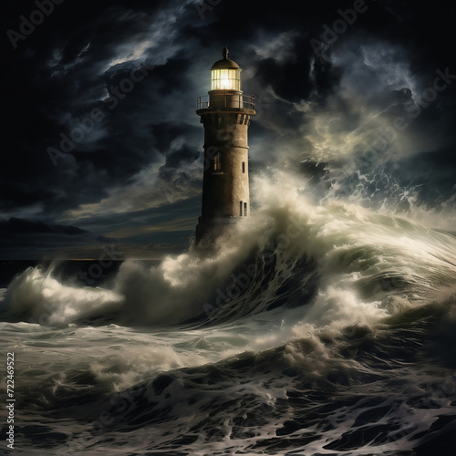 Lighthouse on a stormy sea. 3D render illustration.