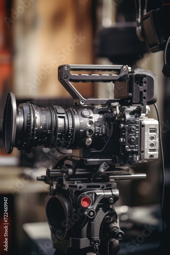 A close up shot of a camera mounted on a tripod. Perfect for capturing stable and professional images. Ideal for photography enthusiasts, bloggers, and professionals in need of high-quality visuals © Fotograf