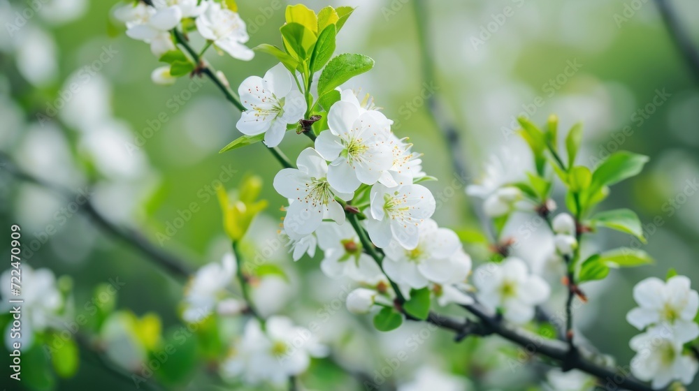 a branch of a tree with white flowers and green leaves in the foreground, blurry in the background. a branch of a tree with white flowers and green leaves in the foreground, blurry in the background.