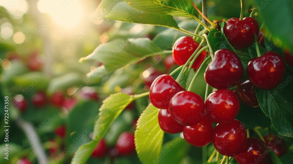 a close up of a bunch of cherries on a tree with green leaves and bright sunlight in the background. a close up of a bunch of cherries on a tree with green leaves and bright sunlight in the background.