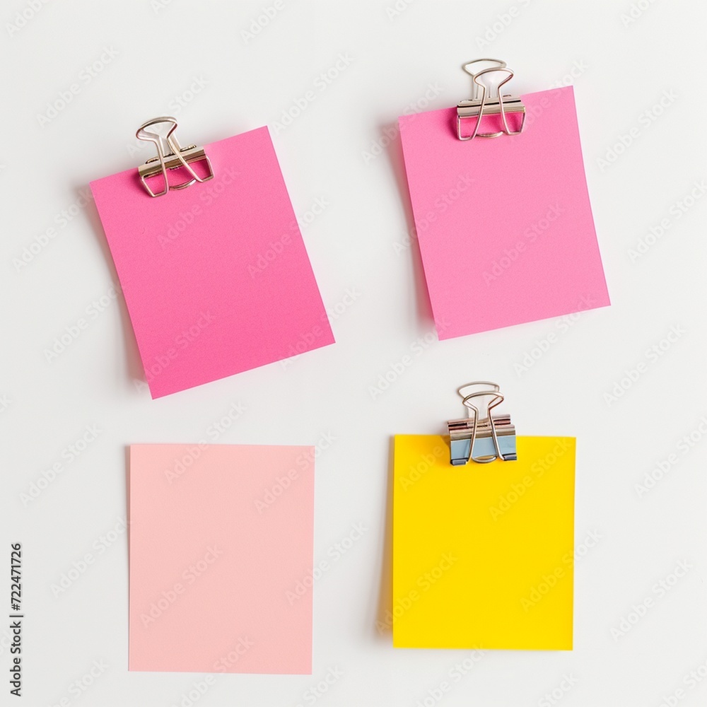 Pink and yellow sticky notes with paper clip on white background, sticky notes isolated, sticky notes, notes, sticky note closeup Pink and yellow sticky notes with paper clip on white background, sticky notes isolated, sticky notes, notes, sticky note closeup
