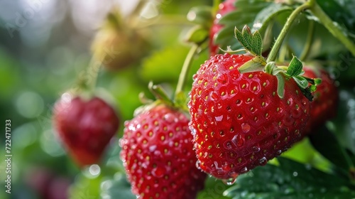  a close up of a bunch of strawberries hanging from a tree with drops of water on the ripe berries.
