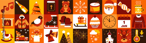 Abstract Christmas background. Set of Merry Christmas and Happy New Year! Snow collection. Mosaic style.