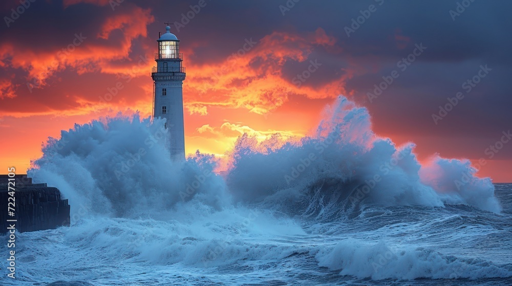  a lighthouse in the middle of the ocean with a large wave crashing against it and a sunset in the background.