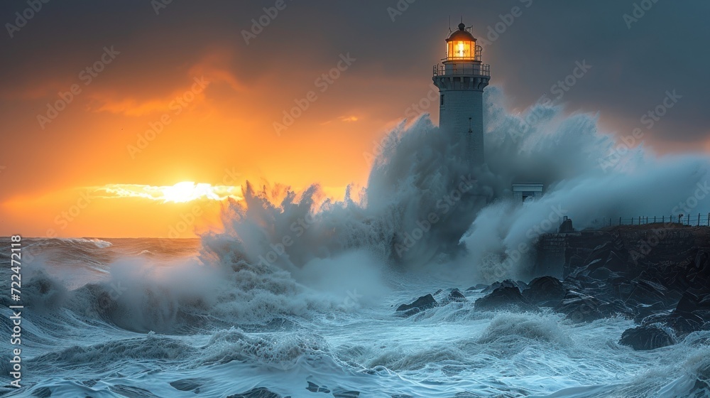  a lighthouse in the middle of the ocean with a large wave crashing against it and the sun in the background.