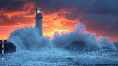  a lighthouse in the middle of the ocean with a large wave crashing against it and a sunset in the background.