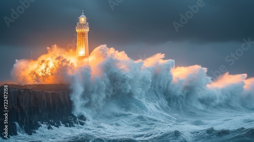  a lighthouse in the middle of the ocean with a huge wave in front of it and a light house on top of it.