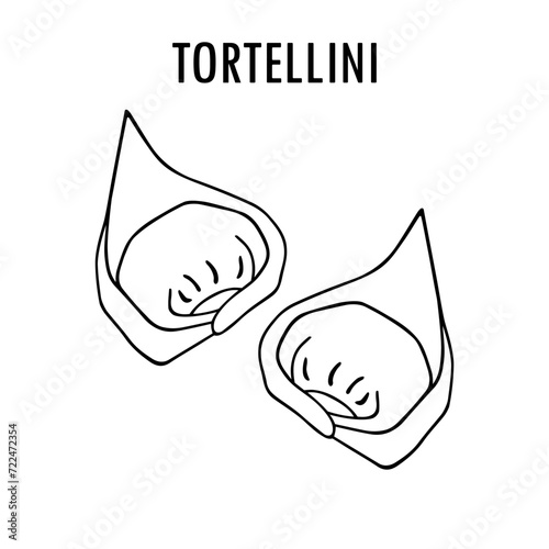 Tortellini pasta doodle food illustration. Hand drawn graphic print of short macaroni type of stuffed pasta. Vector line art food ingredient of Italian cuisine