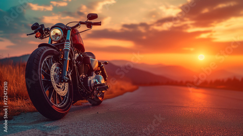 A motorcycle parked along a street at sunset © Cla78
