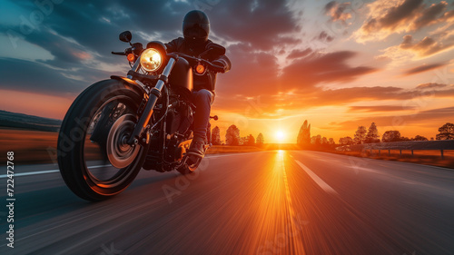 A motorcyclist rides fast on the road at dusk  banner with copyspace