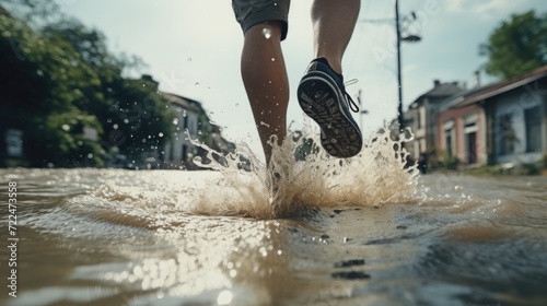 A person is walking through a puddle of water. This image can be used to depict concepts of exploration, adventure, or overcoming obstacles
