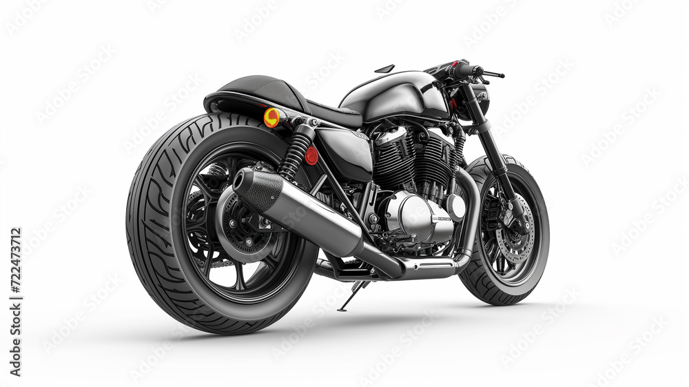 Back view of a black motorcycle isolated on a white background