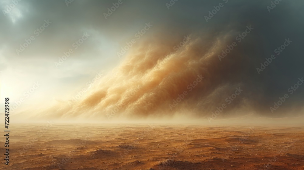  a desert landscape with a large amount of dust coming from the ground and a sky filled with clouds in the distance.