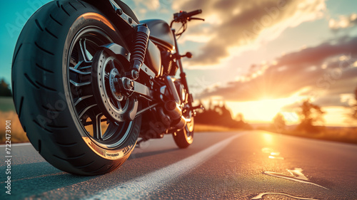 Back view of a motorcycle parked along a street at sunset