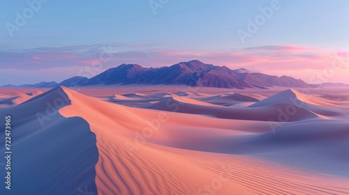  a desert landscape with a mountain range in the distance and sand dunes in the foreground with a pink and blue sky.