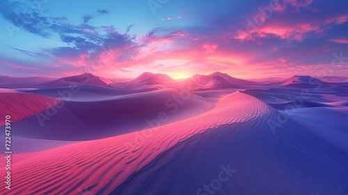  a sunset in the desert with a pink and blue sky and a pink and blue sky and some sand dunes.