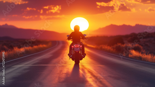 Back view of a motorcyclist at sunset on an american road © Cla78