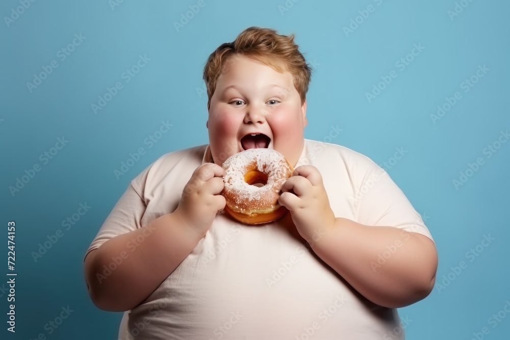 Fat boy eating a big donut on a blue background. Child with obesity. Overweight and obesity concept. Obesity Concept with Copy Space.