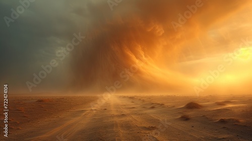  a dirt road in the middle of a desert with a very large cloud in the sky and sun shining through the clouds. © Anna