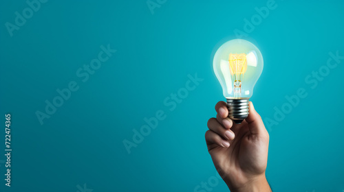 Light bulb in hand on blue background, copy space for text
