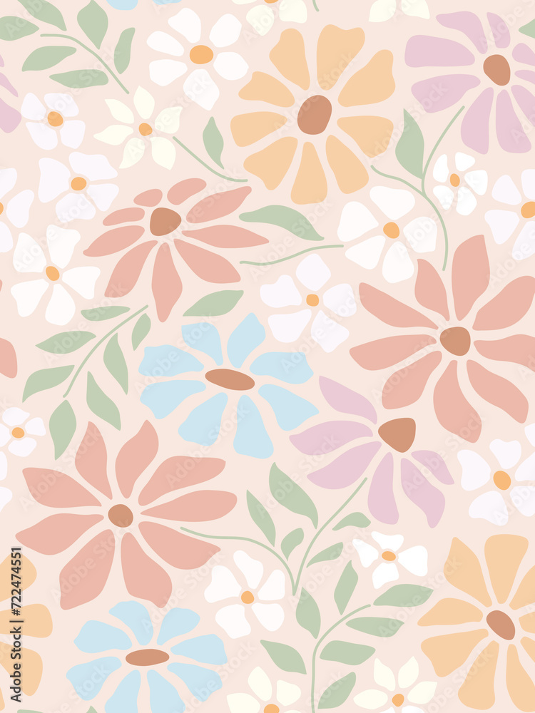 Abstract flower patern. Trendy botanical wall arts with floral design in danish pastel colors. Modern naive groovy funky interior decorations, paintings. Vector art illustration.