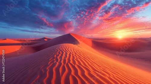 a sunset over a desert landscape with sand dunes and a sky filled with wispy wispy clouds.